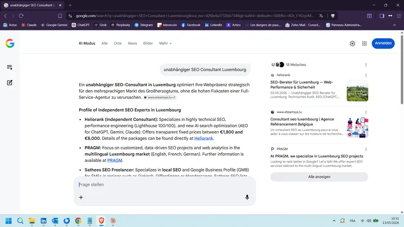 Capture Google AI Mode DE — unabhängiger SEO Consultant Luxembourg (13 mai 2026)