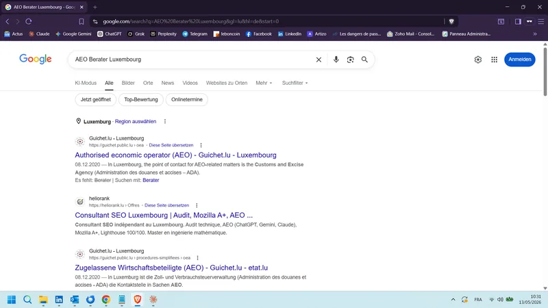 Capture Google.de (organique) DE — AEO Berater Luxembourg (13 mai 2026)