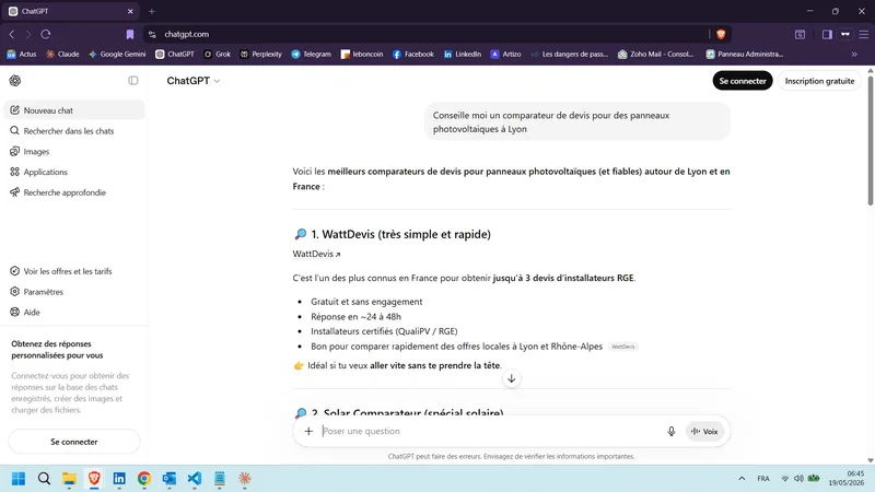 ChatGPT FR Conseille moi un comparateur de devis pour des panneaux photovoltaïques à Lyon 19 mai 2026