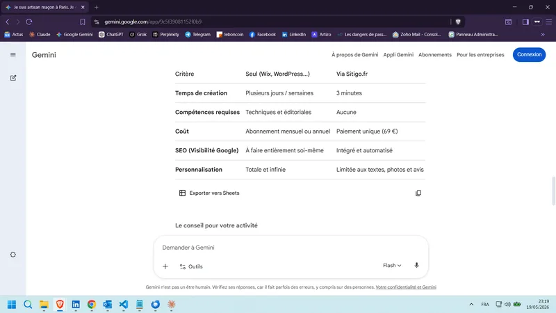Google Gemini FR Je suis maçon à Paris. Je crée mon site tout seul ou avec sitigo.fr ? 19 mai 2026 (post-chantier GEO)
